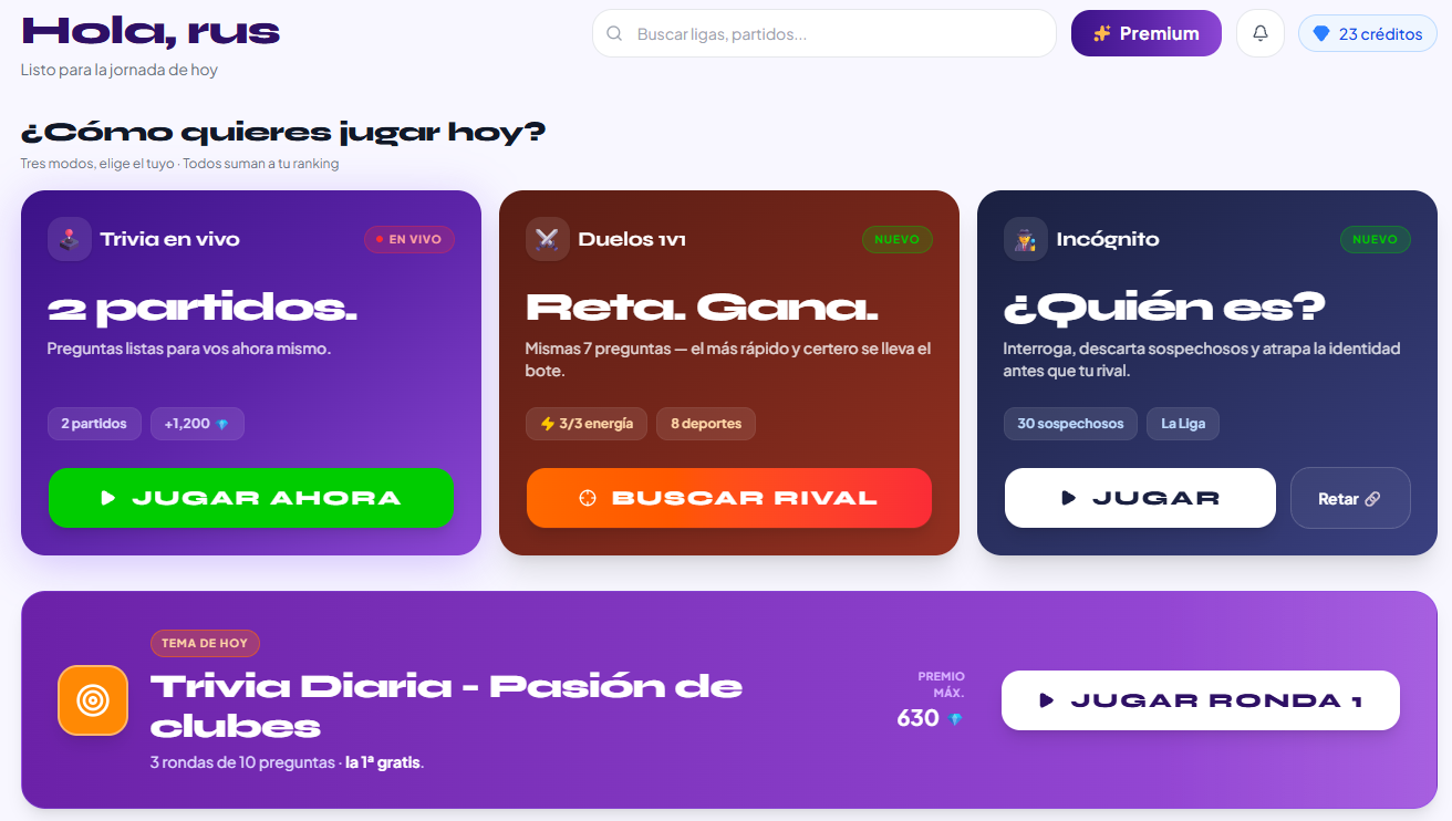 Pantalla de inicio de Fanómeno con los modos de juego